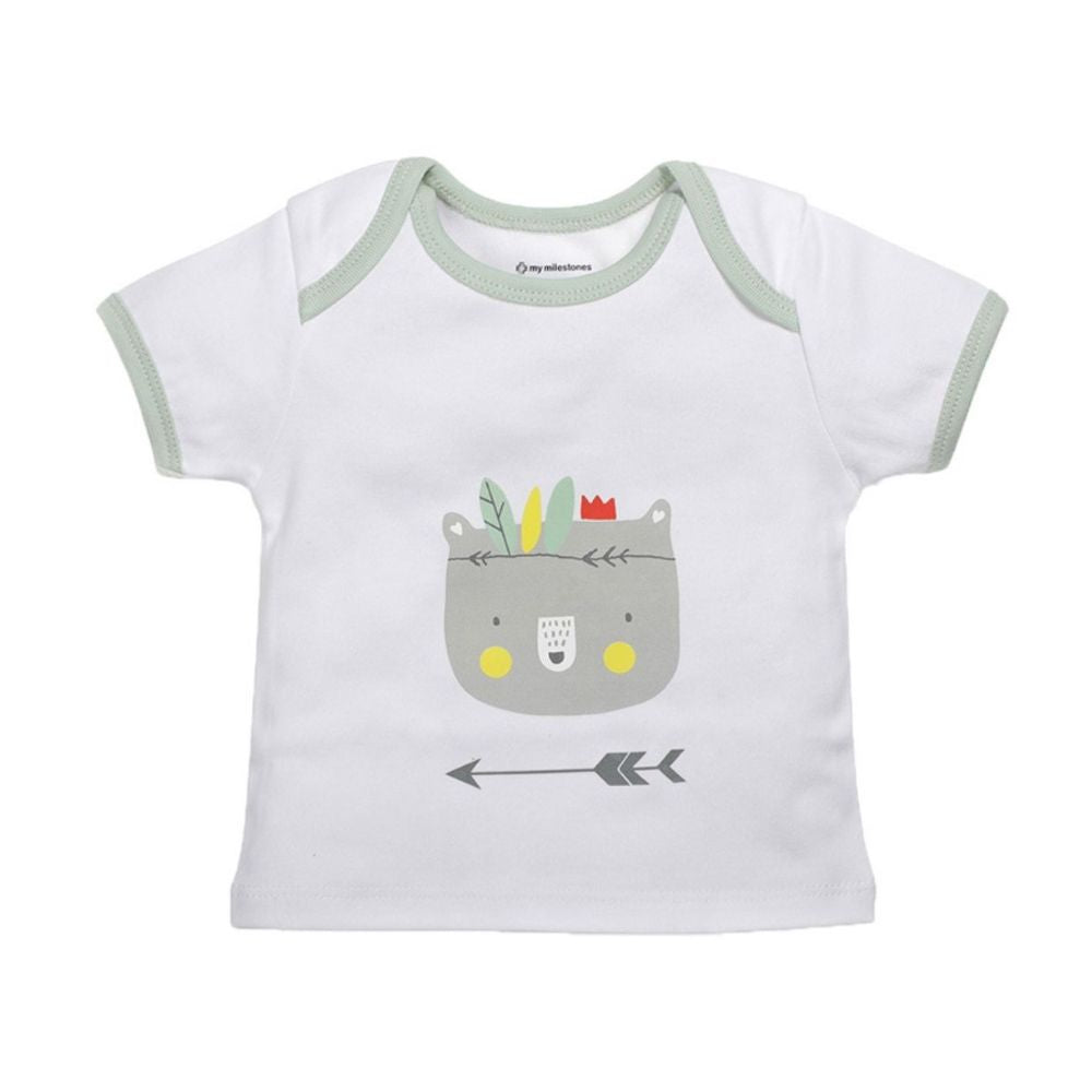 My Milestones Baby Top Bottom Set- Half Sleeves T-shirt with Shorts-White/S.Green