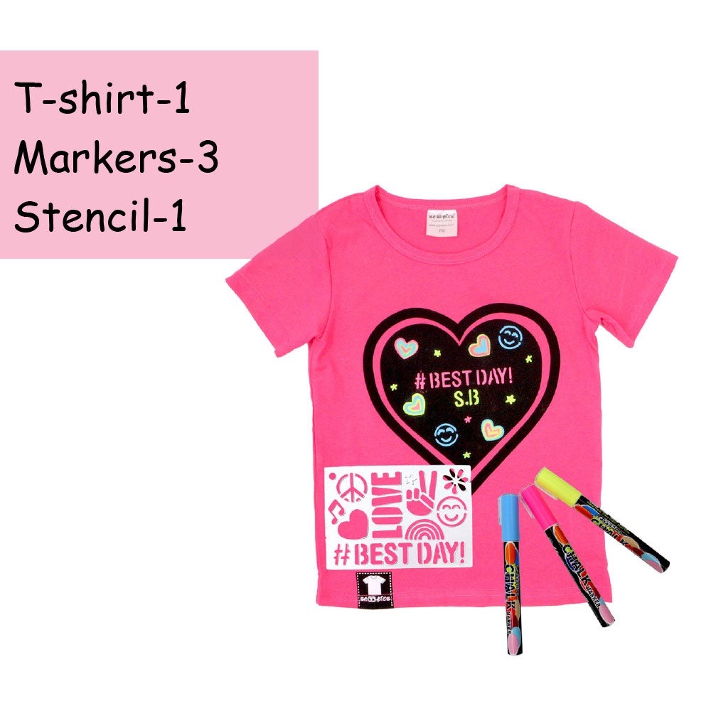 Scoobies Chalk-Le-Tee Tshirt | Pink Heart Design | With Chalk Markers & Stencil | Reusable | Washable - Girls