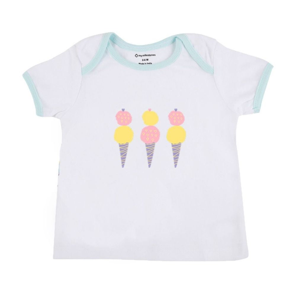 My Milestones Baby Top Bottom Set- Half Sleeves T-shirt with Shorts-White/Aqua