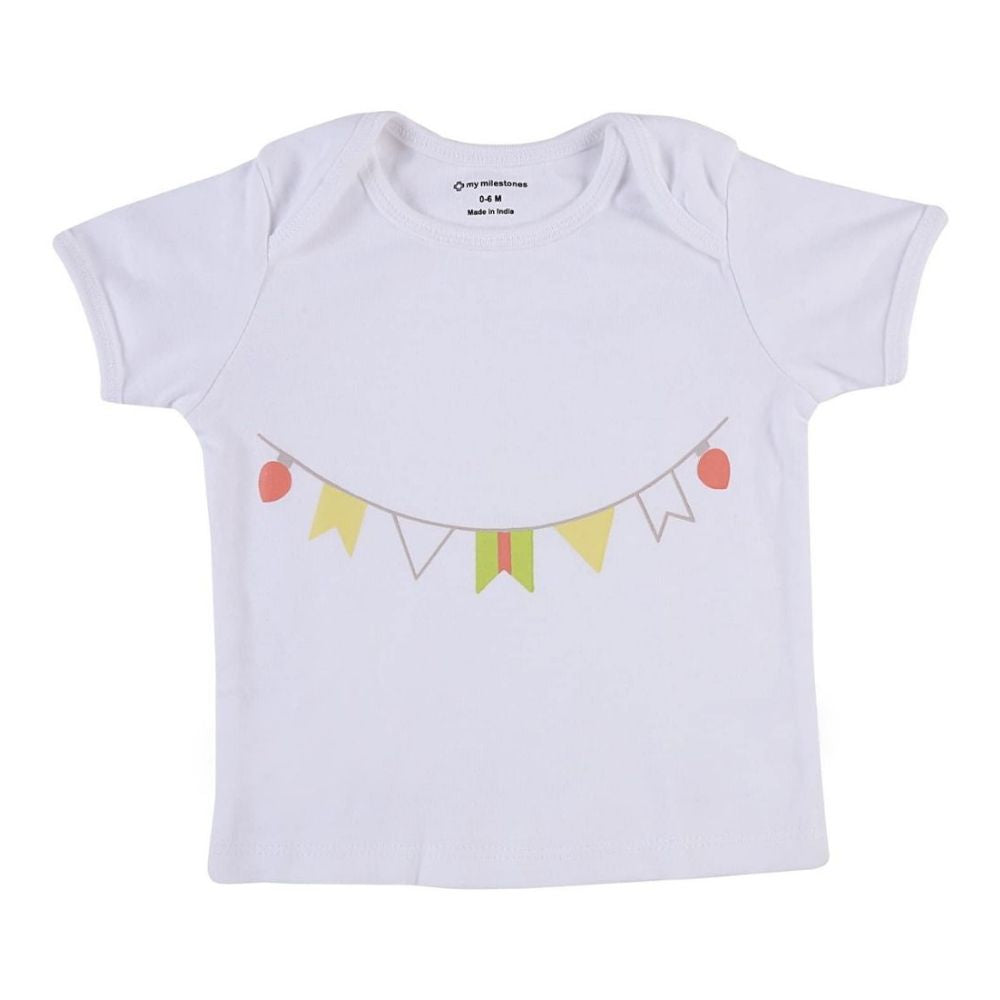 My Milestones Baby Top Bottom Set- Half Sleeves T-shirt with Shorts-White