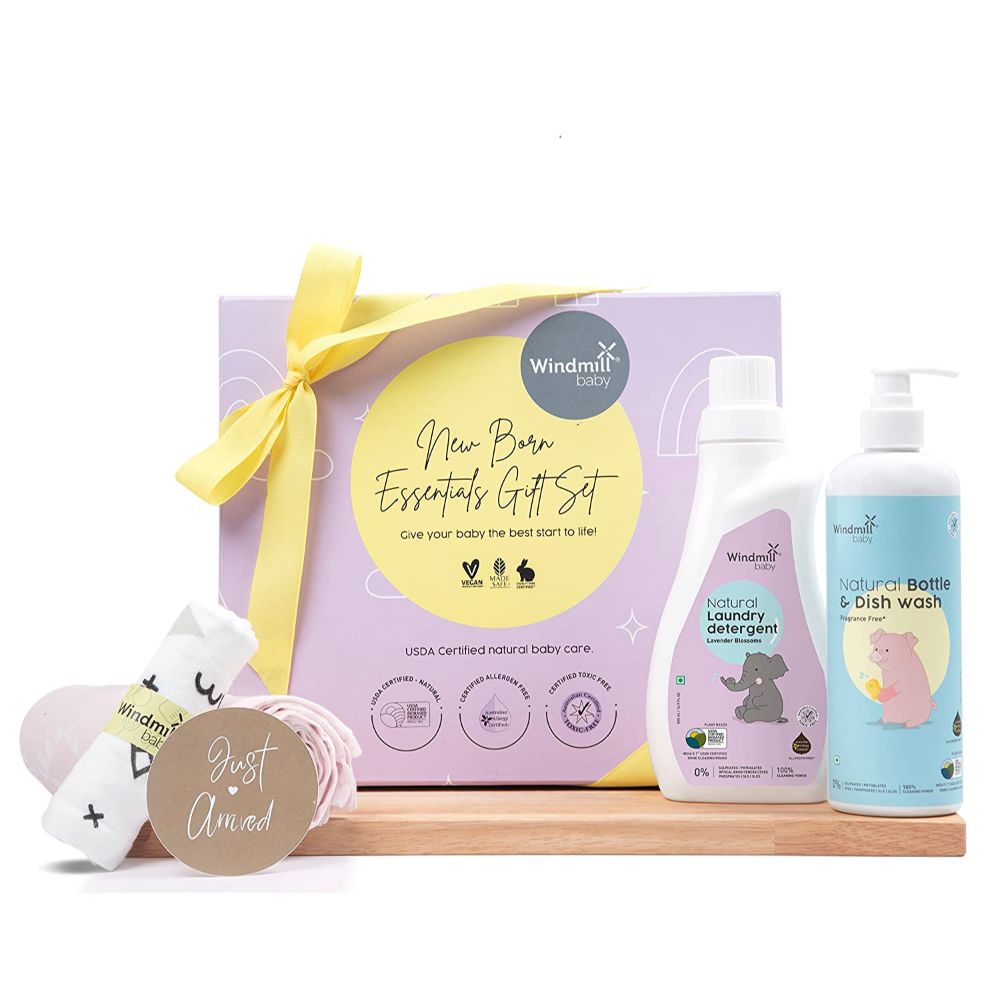 Windmill Baby New Born Essentials Gift Set (Natural Bottle Wash 450ml + Lavender Blossoms Natural Laundry Detergent 500ml + Premium Organic Cotton S