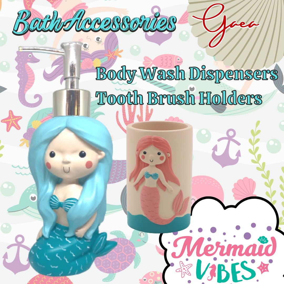 Polyresin Bathroom Set- 2 Piece Bathroom Set -Mermaids Dispenser & Toothbrush Holder