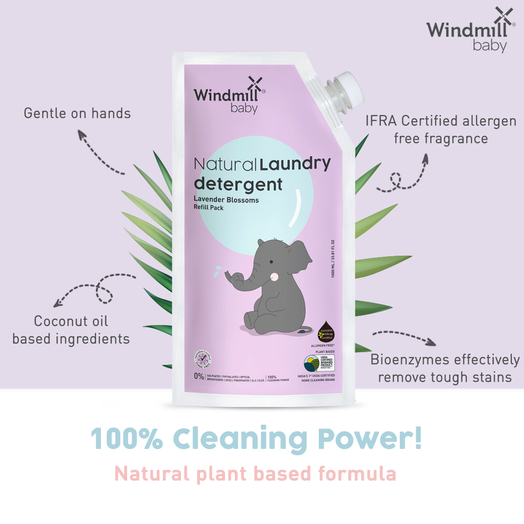 Windmill Baby Natural Lavender Blossoms Laundry Detergent Liquid Refill Pack, USDA Certified, Allergen Free, Plant Based with Bio-Enzymes - 1000 ml