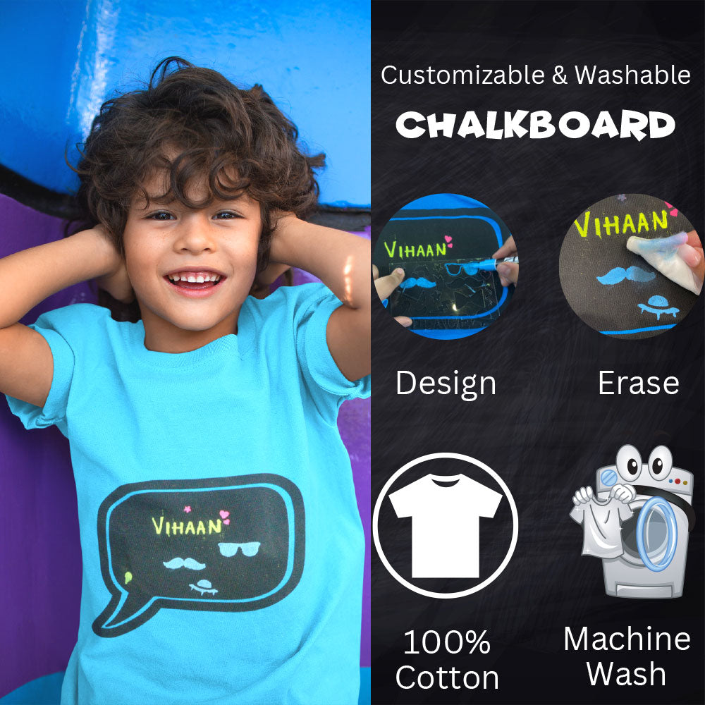 Scoobies Chalk-Le-Tee Tshirt | Blue Speech Bubble Design | With Chalk Markers & Stencil | Reusable | Washable - Boys