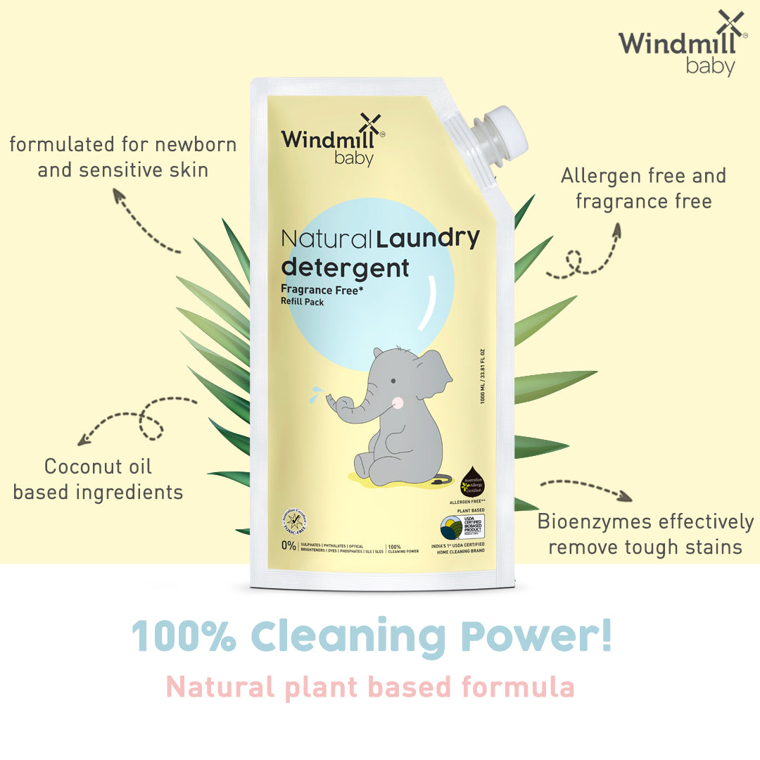 Windmill Baby Natural Fragrance Free Laundry Detergent Liquid Refill Pack, USDA Certified, Allergen Free, Plant Based With Bio-Enzymes - 1000 ml