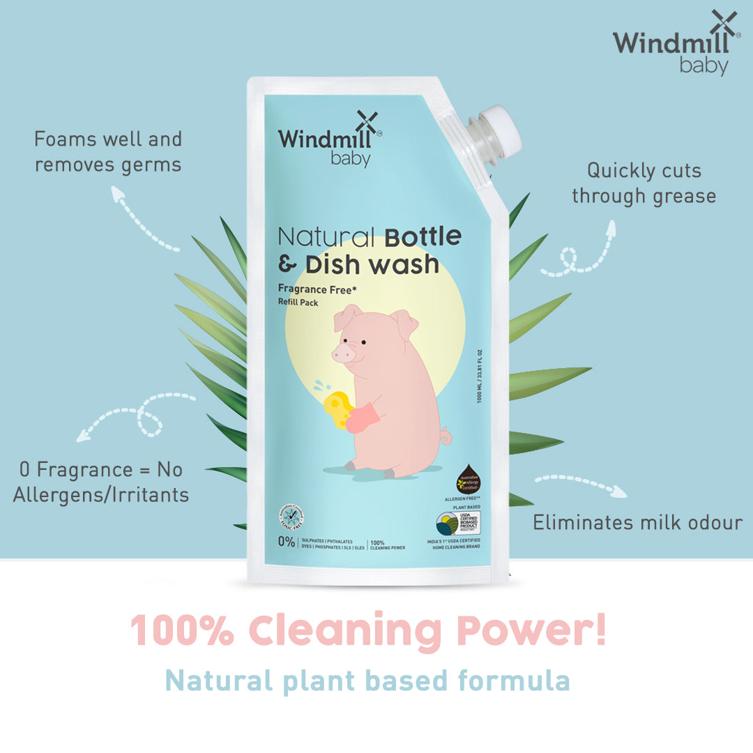 Windmill Baby Natural Bottle Cleaning Liquid, Refill Pack, USDA Certified, For Feeding Bottles, Pump Parts And More, Fragrance Free, Allergen Free - 1000ml