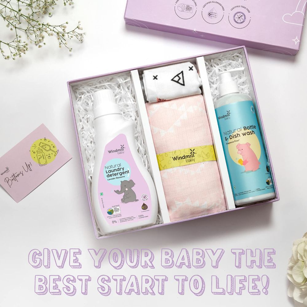 Windmill Baby New Born Essentials Gift Set (Natural Bottle Wash 450ml + Lavender Blossoms Natural Laundry Detergent 500ml + Premium Organic Cotton S