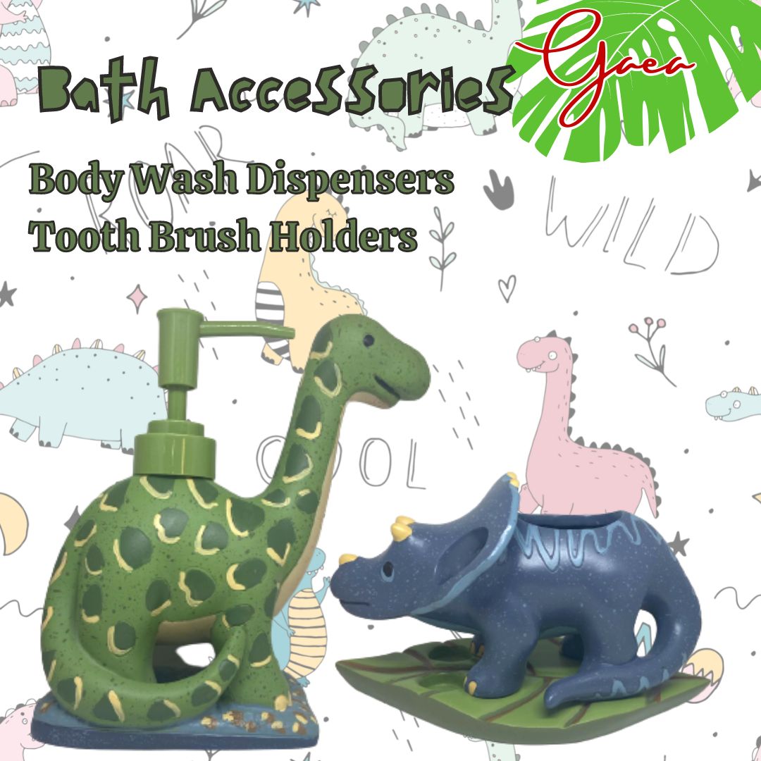Polyresin Bathroom Set- 2 Piece Bathroom Set - Dinosaurs Liquid Soap Dispenser & Toothbrush Holder