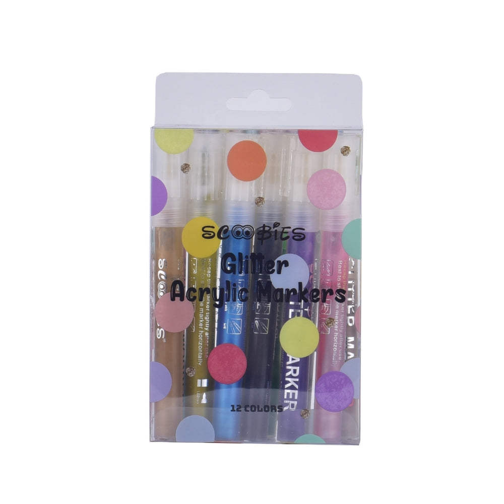 Glitter Acrylic Markers | 12 Assorted Colours | Hard Surface Compatible | Stellar Mirror Glossy Finish | DIY Creativity