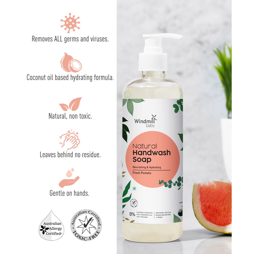 Windmill Baby Natural Fresh Pomelo Handwash Liquid Soap, Nourishing And Hydrating For The Whole Family, USDA Certified, Allergen Free - 450ml