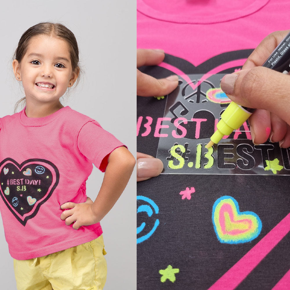 Scoobies Chalk-Le-Tee Tshirt | Pink Heart Design | With Chalk Markers & Stencil | Reusable | Washable - Girls