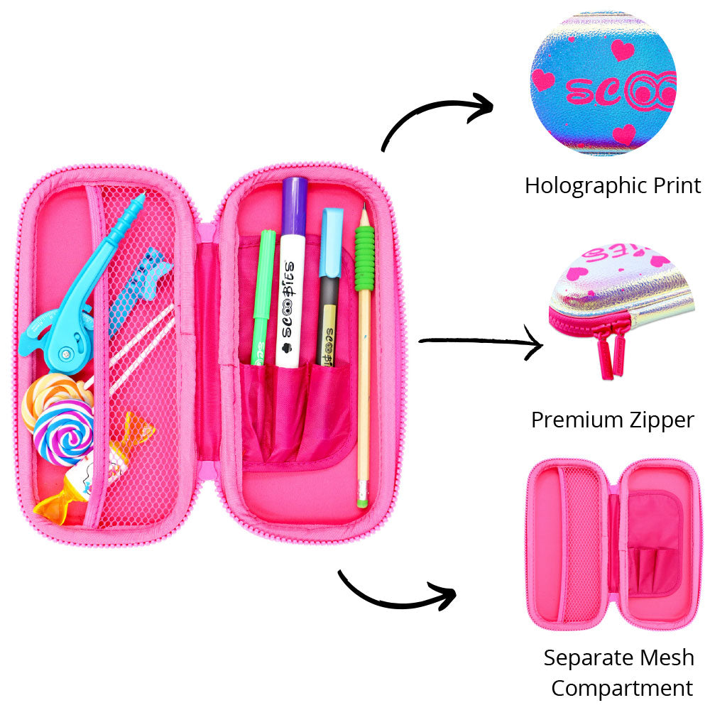 Scoobies Heart is Pink Holographic Pencil Case | With Separate Pens Slot | Premium EVA Quality | Multi-Use Pouch