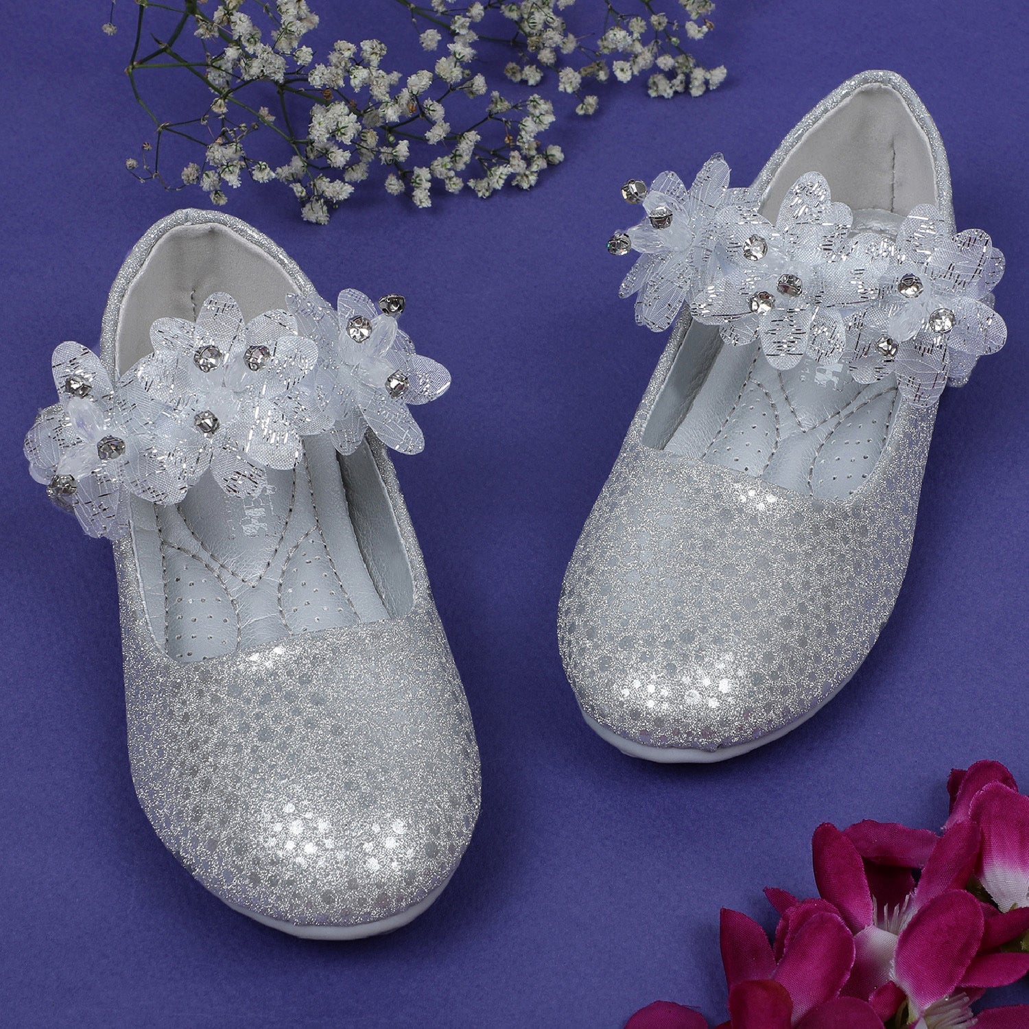 Baby Moo x Bash Kids Princess Floral Party Mary Jane Ballerinas - Silver
