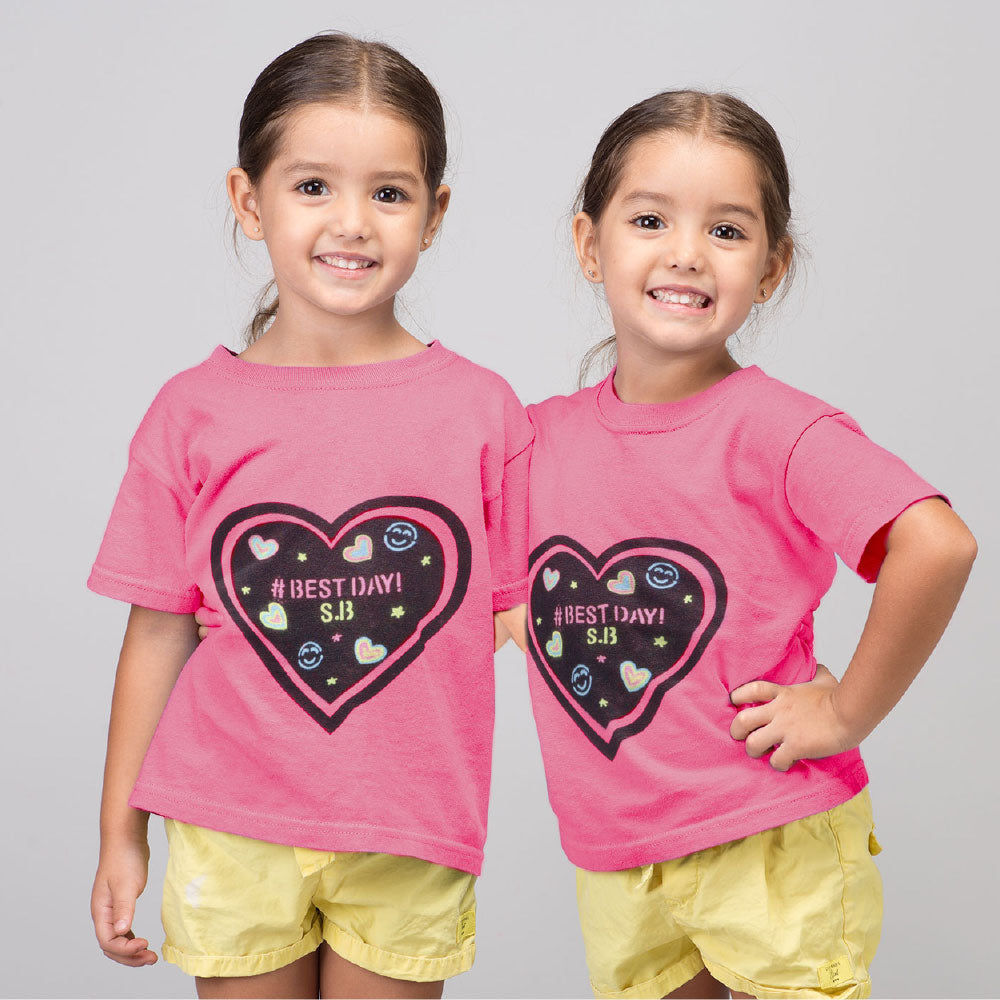 Scoobies Chalk-Le-Tee Tshirt | Pink Heart Design | With Chalk Markers & Stencil | Reusable | Washable - Girls