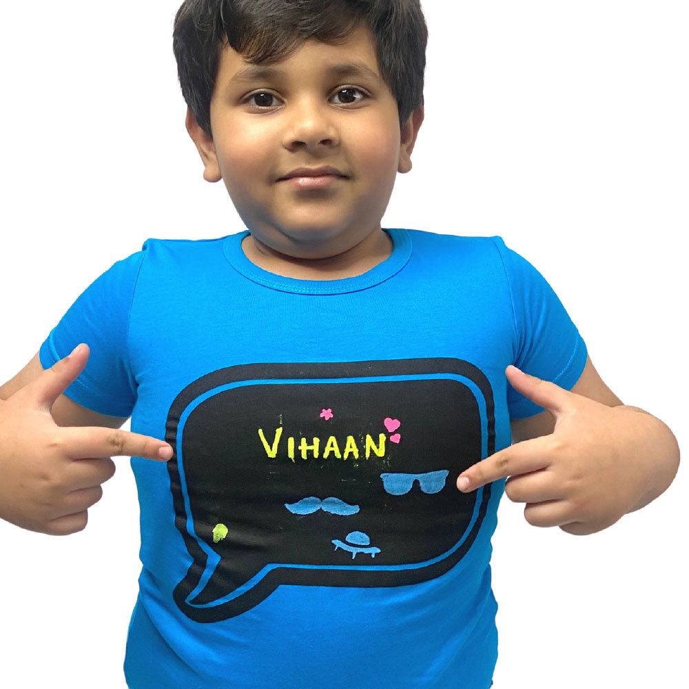 Scoobies Chalk-Le-Tee Tshirt | Blue Speech Bubble Design | With Chalk Markers & Stencil | Reusable | Washable - Boys