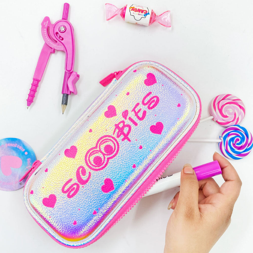 Scoobies Heart is Pink Holographic Pencil Case | With Separate Pens Slot | Premium EVA Quality | Multi-Use Pouch