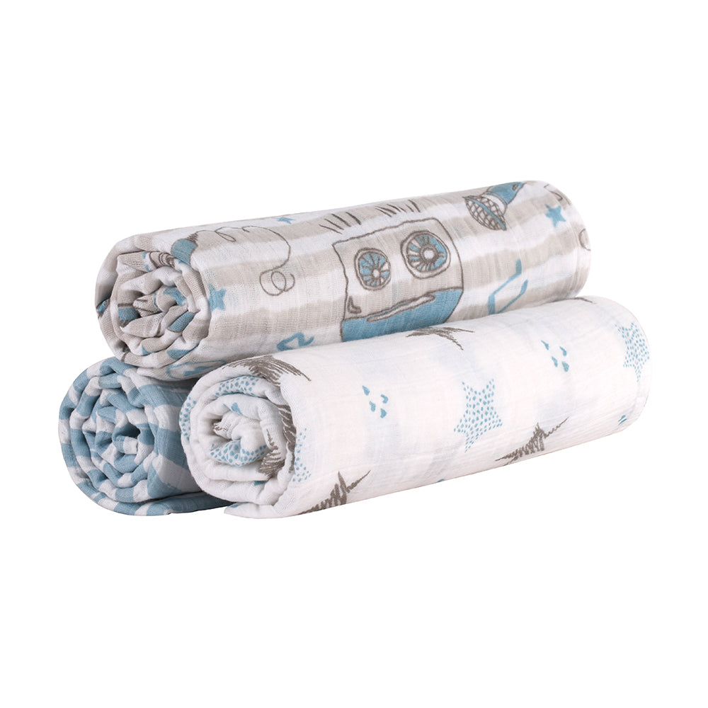 Abracadabra Cotton Muslin Swaddle For Newborns Pack of 3 (Rockstar) - Blue