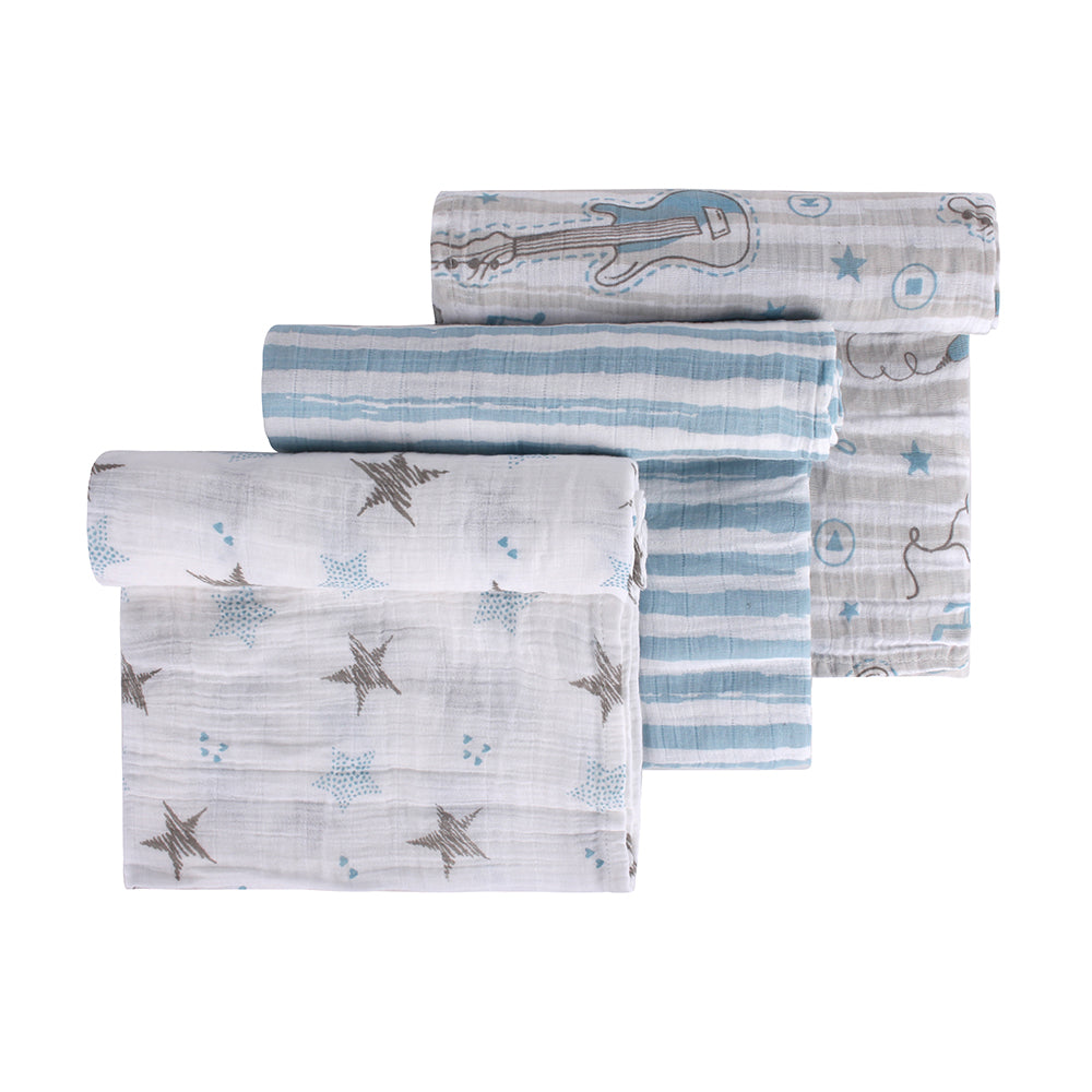 Abracadabra Cotton Muslin Swaddle For Newborns Pack of 3 (Rockstar) - Blue