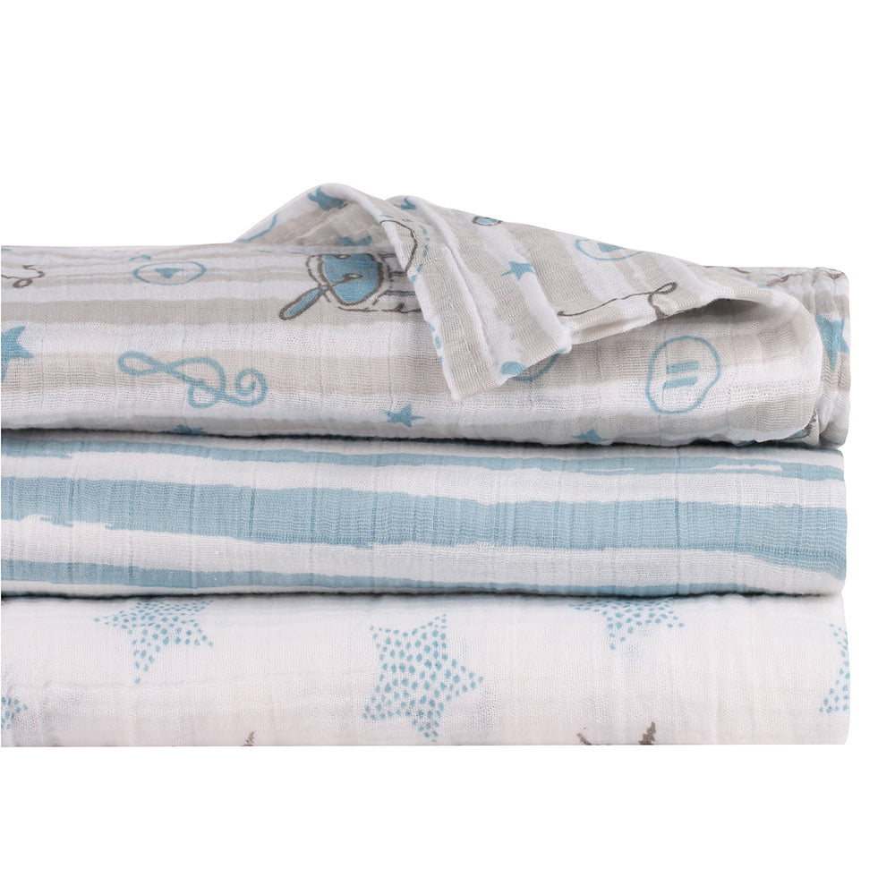 Abracadabra Cotton Muslin Swaddle For Newborns Pack of 3 (Rockstar) - Blue