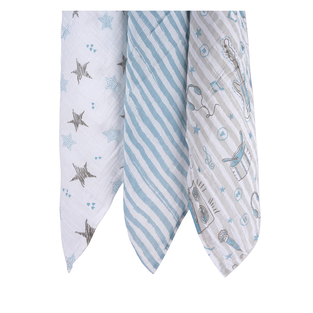 Abracadabra Cotton Muslin Swaddle For Newborns Pack of 3 (Rockstar) - Blue