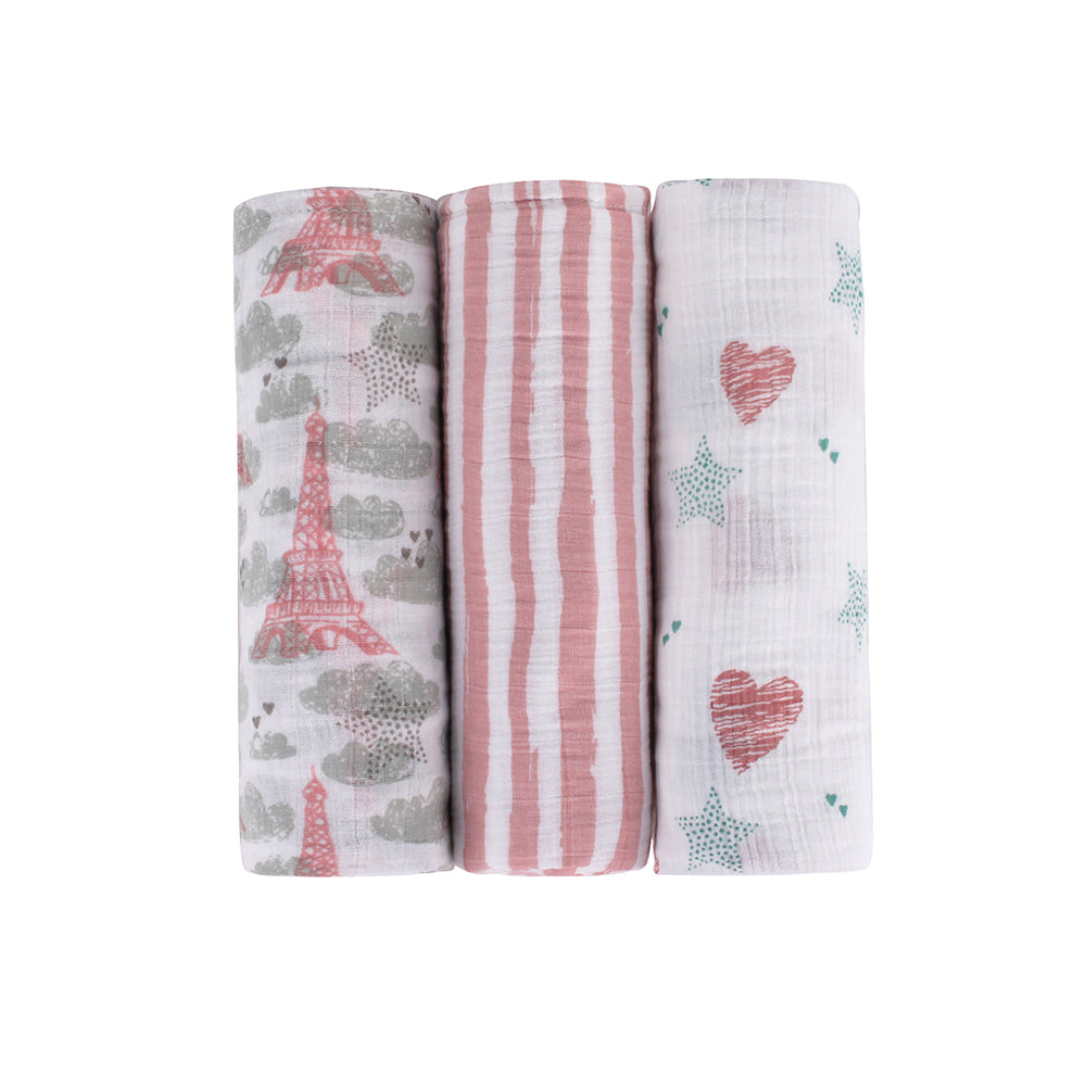 Abracadabra Cotton Muslin Swaddle for Newborns Pack of 3 (Eiffel Tower) - Pink