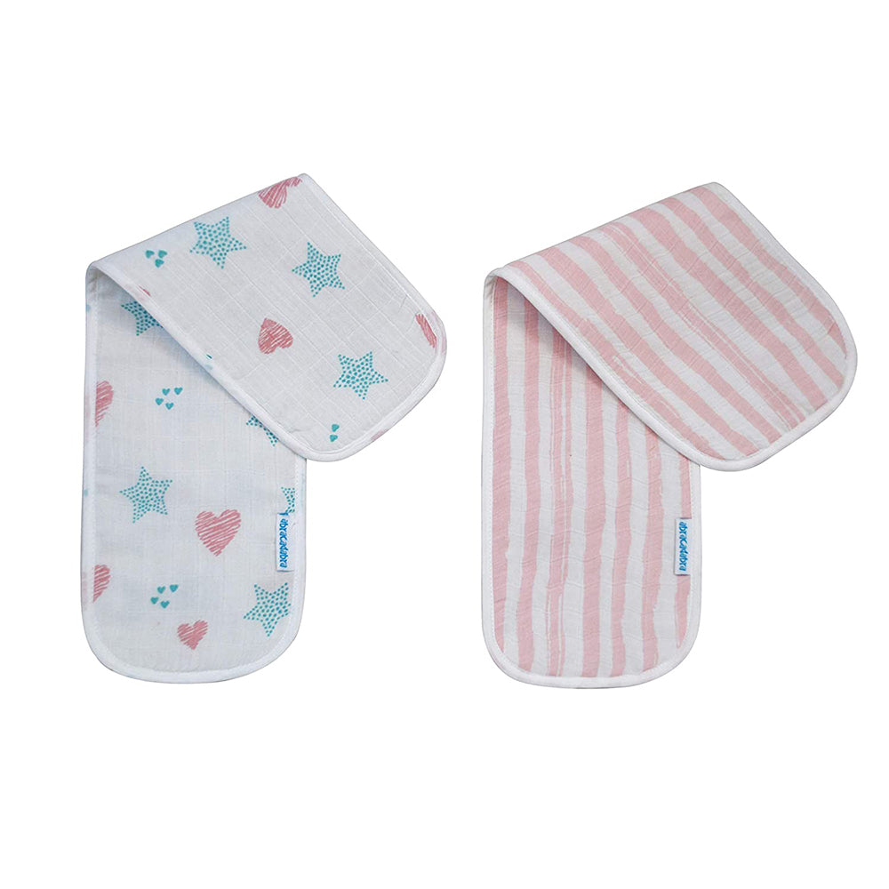 Abracadabra Muslin Burp Pad Set Of 2 (Stars & Heart) - Light Pink