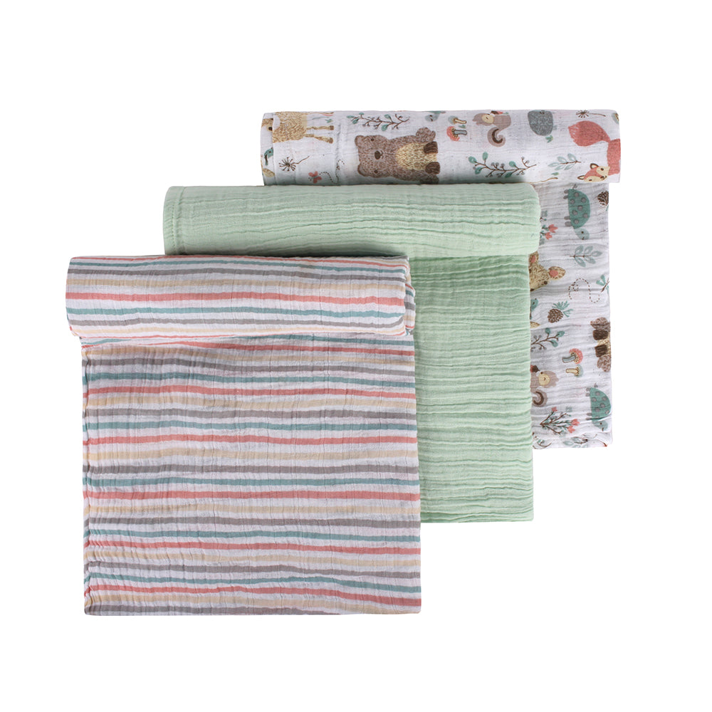 Abracadabra Cotton Muslin Swaddle For Newborns Pack of 3 (Bambi & Friends) - Multicolor