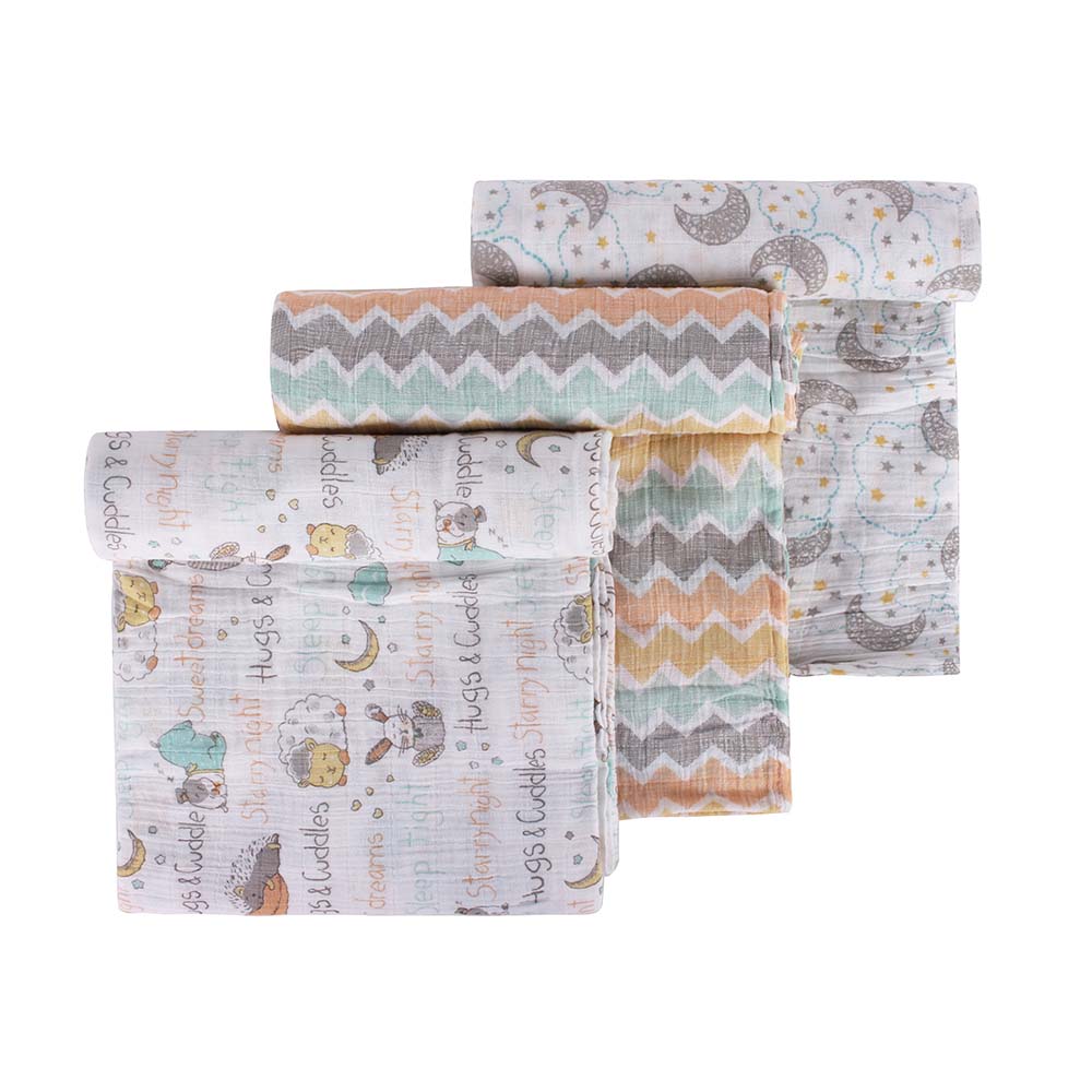 Abracadabra Cotton Muslin Swaddle for Newborns Pack of 3 (Sleepy Friends) - Pastel Multicolor