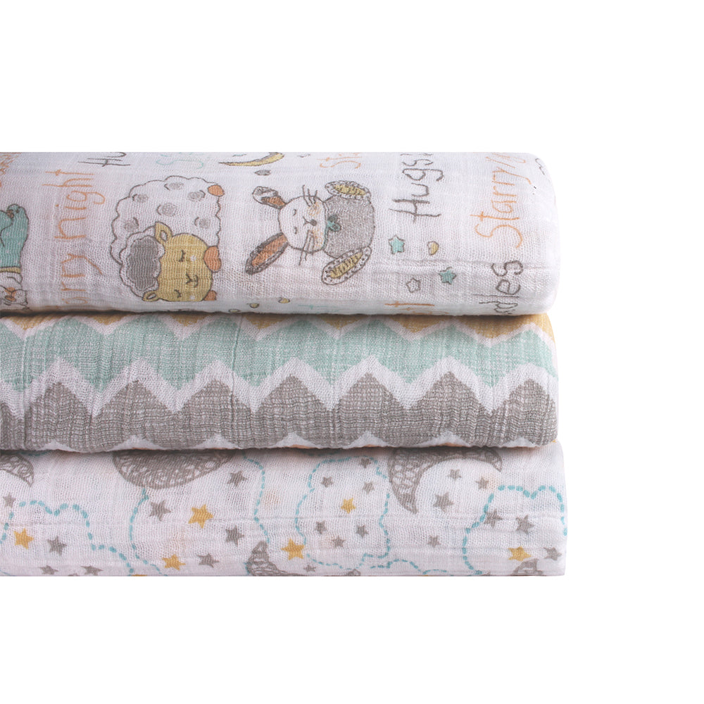 Abracadabra Cotton Muslin Swaddle for Newborns Pack of 3 (Sleepy Friends) - Pastel Multicolor