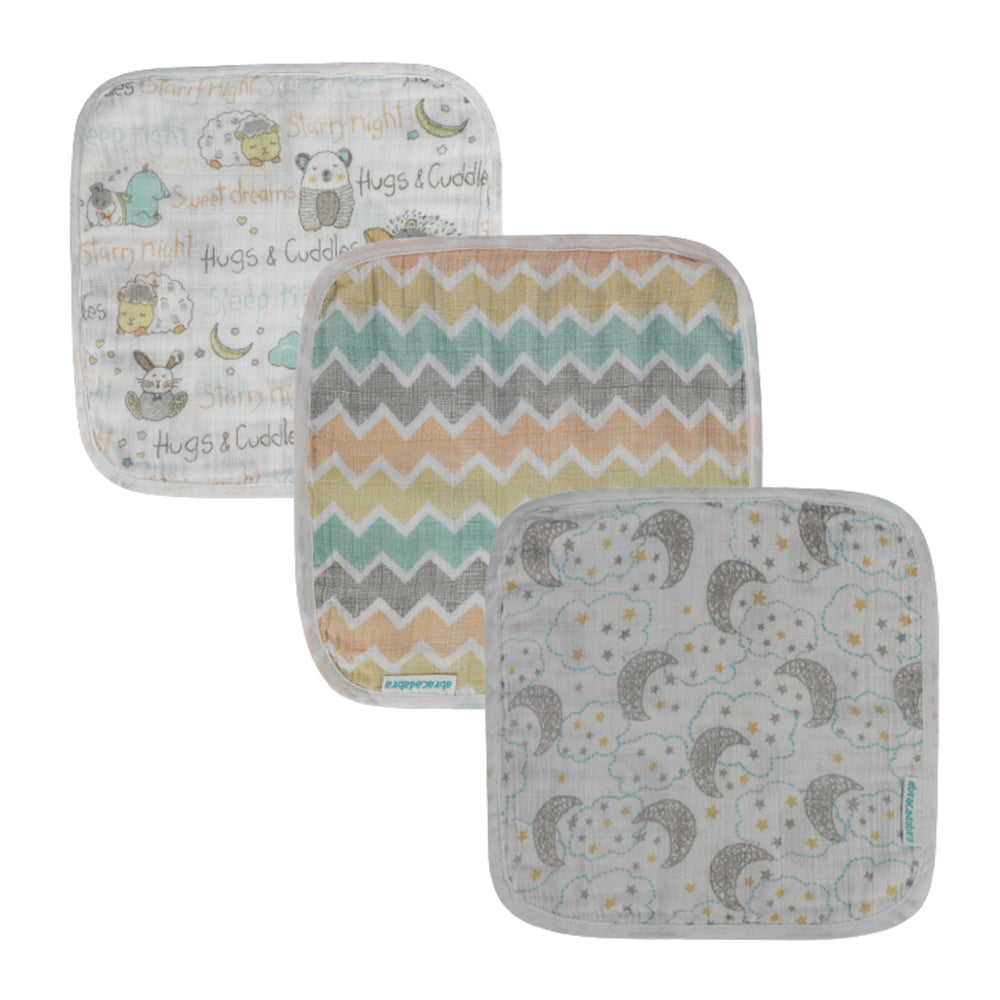 Abracadabra Cotton Muslin Wipes Pack of 3 (Sleepy Friends) - Pastel Multicolor