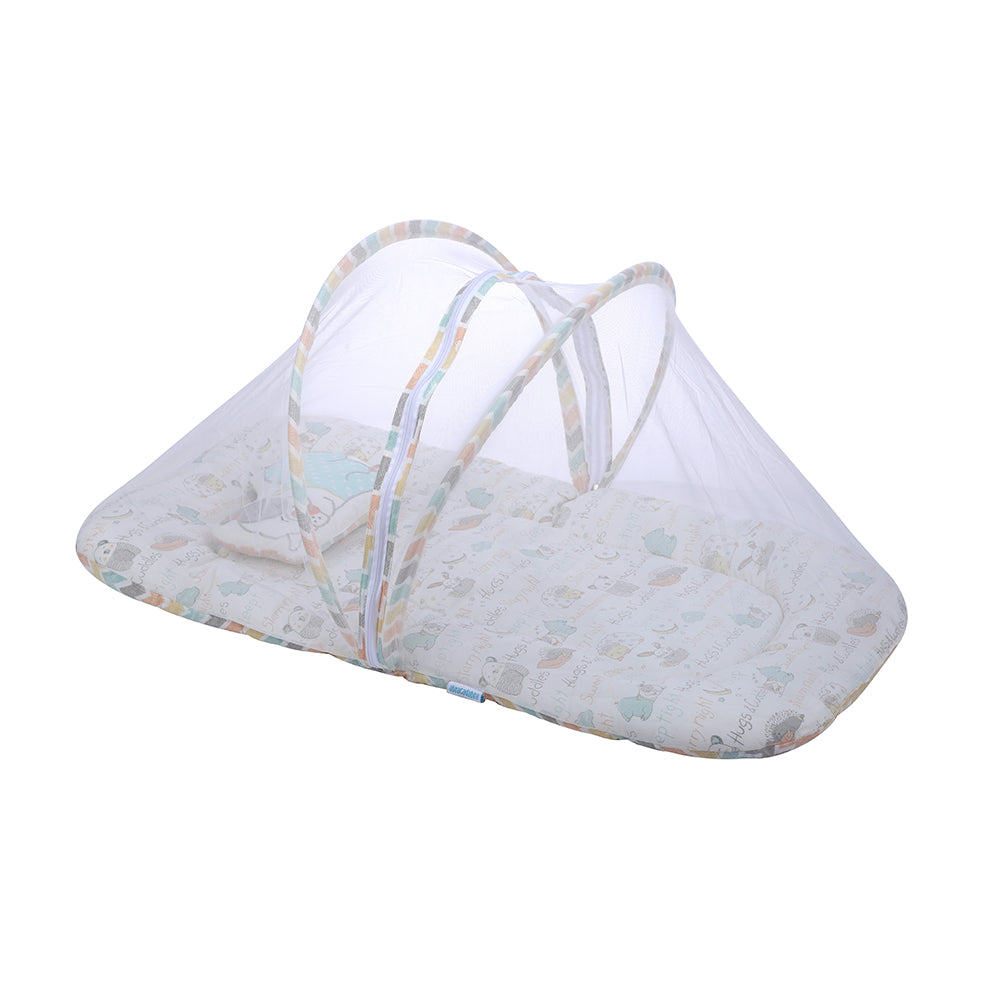 Abracadabra Gadda Set with Mosquito Net & Shaped Pillow Sleepy Friennds Theme - Pastel Multicolour