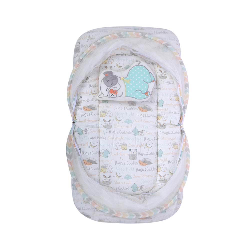 Abracadabra Gadda Set with Mosquito Net & Shaped Pillow Sleepy Friennds Theme - Pastel Multicolour