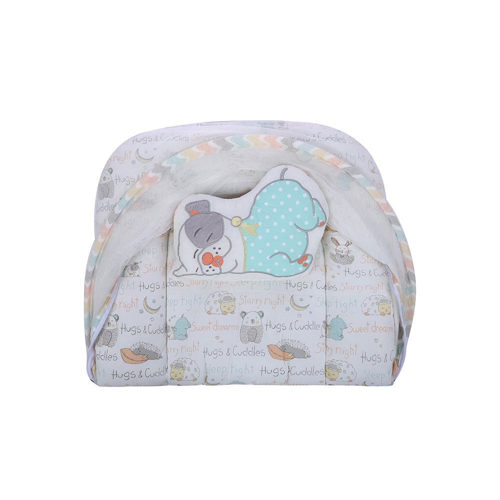 Abracadabra Gadda Set with Mosquito Net & Shaped Pillow Sleepy Friennds Theme - Pastel Multicolour