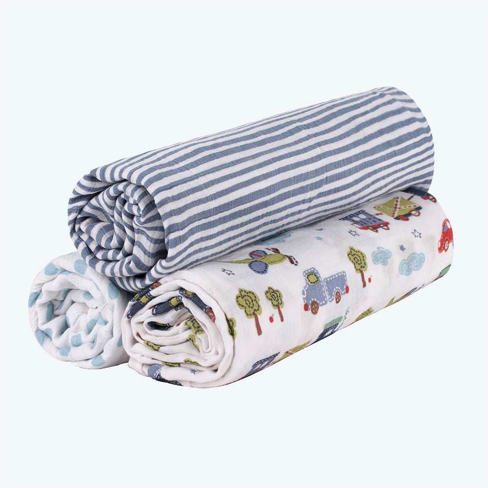 Abracadabra Cotton Muslin Swaddle For Newborns Pack of 3 (Transport) - Blue