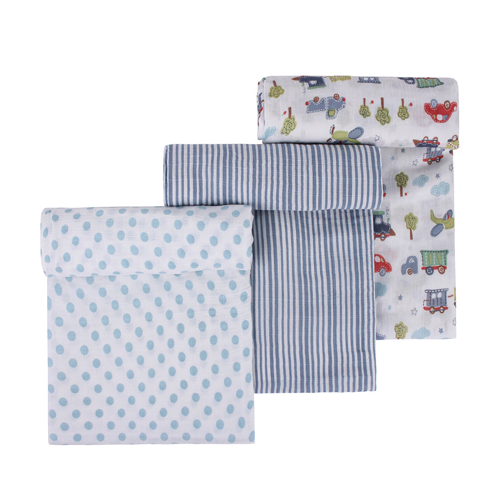 Abracadabra Cotton Muslin Swaddle For Newborns Pack of 3 (Transport) - Blue