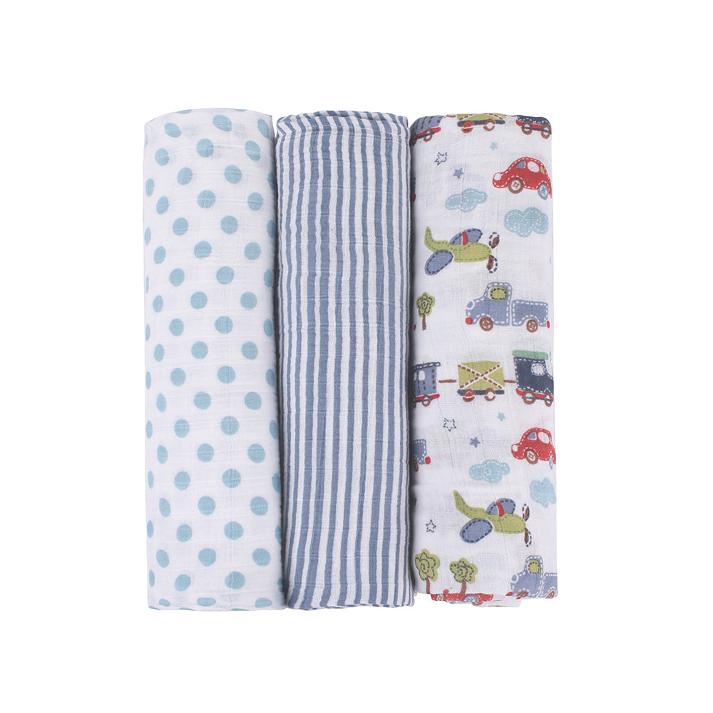 Abracadabra Cotton Muslin Swaddle For Newborns Pack of 3 (Transport) - Blue