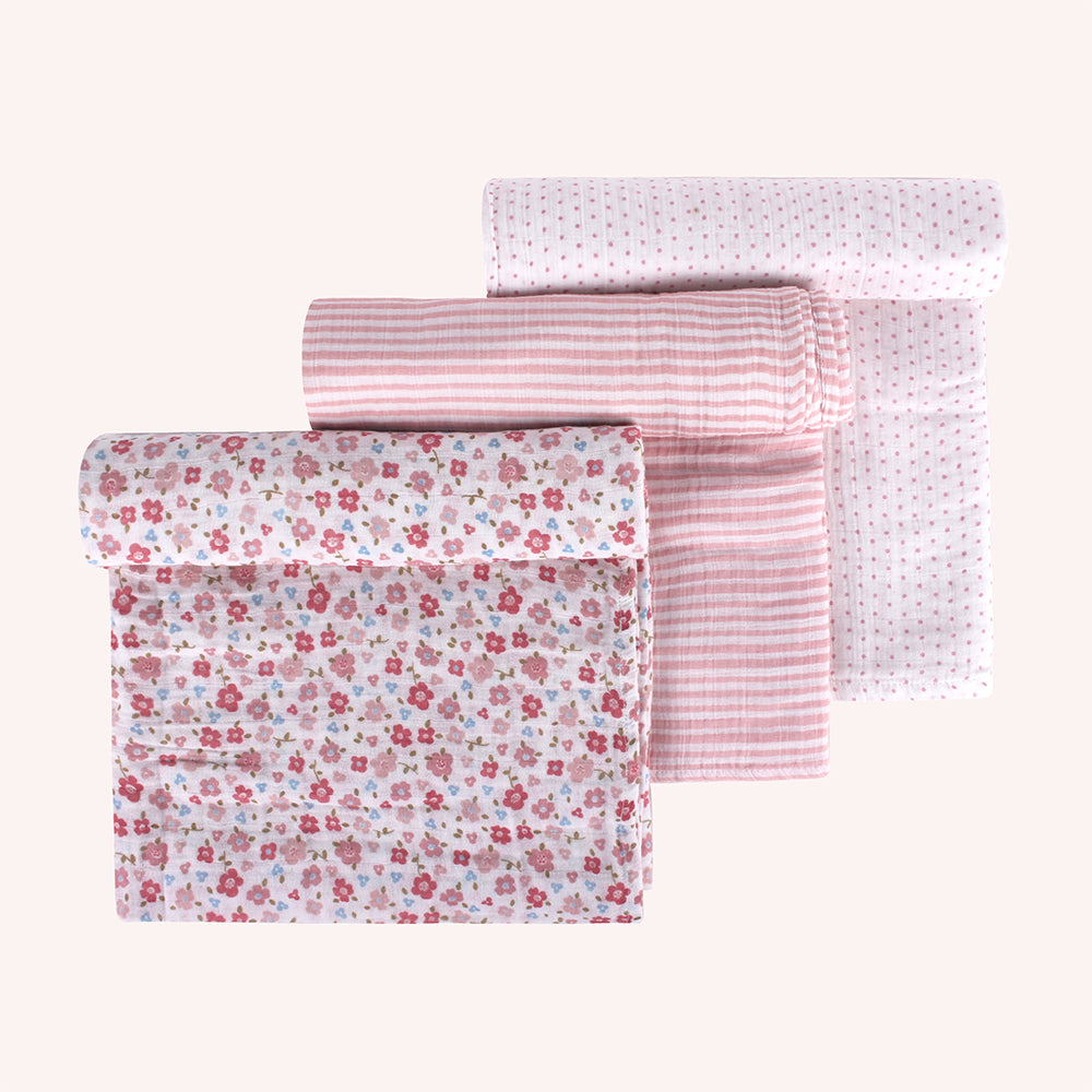 Abracadabra Cotton Muslin Swaddle For Newborns Pack of 3 (Vintage Floral) - Pink