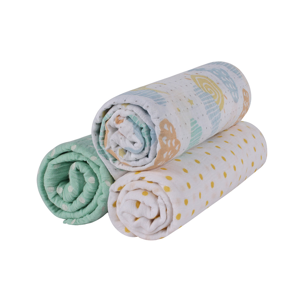 Abracadabra Cotton Muslin Swaddle For Newborns Pack of 3 (Lost in Clouds) - Sea Green