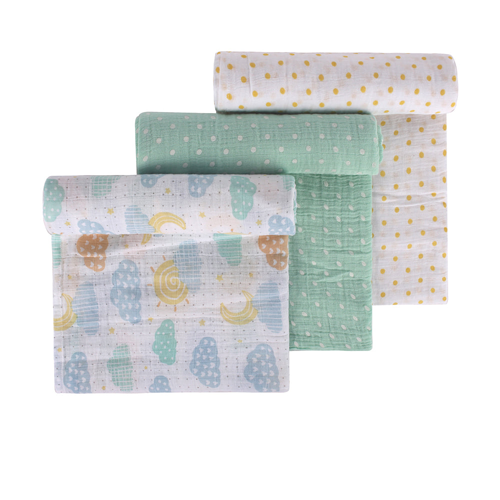 Abracadabra Cotton Muslin Swaddle For Newborns Pack of 3 (Lost in Clouds) - Sea Green