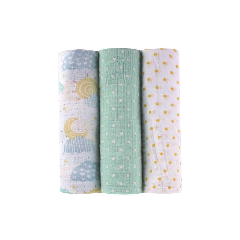 Abracadabra Cotton Muslin Swaddle For Newborns Pack of 3 (Lost in Clouds) - Sea Green