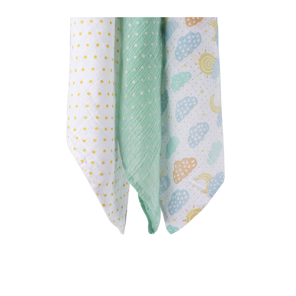 Abracadabra Cotton Muslin Swaddle For Newborns Pack of 3 (Lost in Clouds) - Sea Green