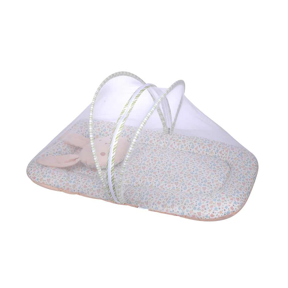 Abracadabra Gadda Set with Mosquito Net & Shaped Pillow Bunny Garden Theme - Peach