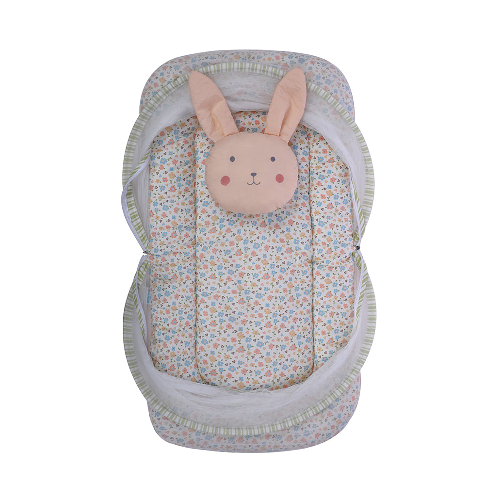 Abracadabra Gadda Set with Mosquito Net & Shaped Pillow Bunny Garden Theme - Peach