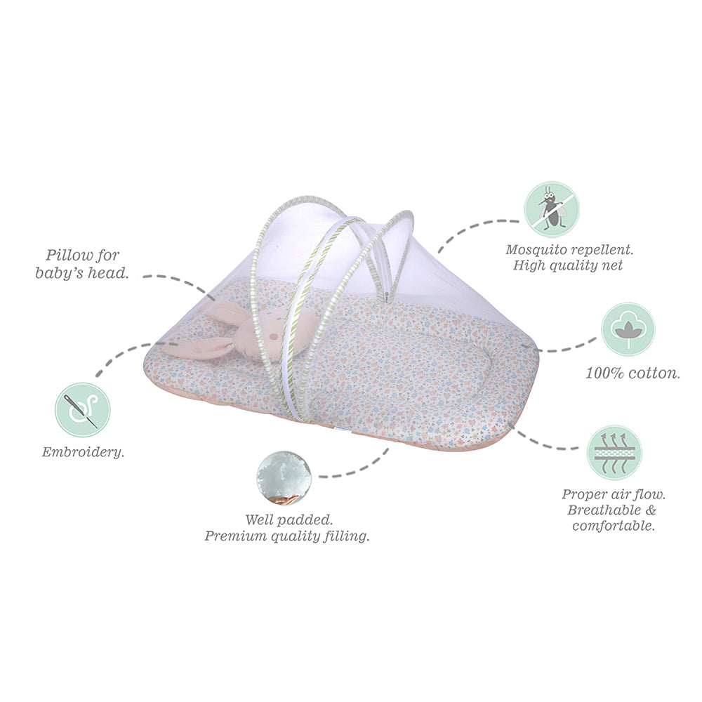 Abracadabra Gadda Set with Mosquito Net & Shaped Pillow Bunny Garden Theme - Peach