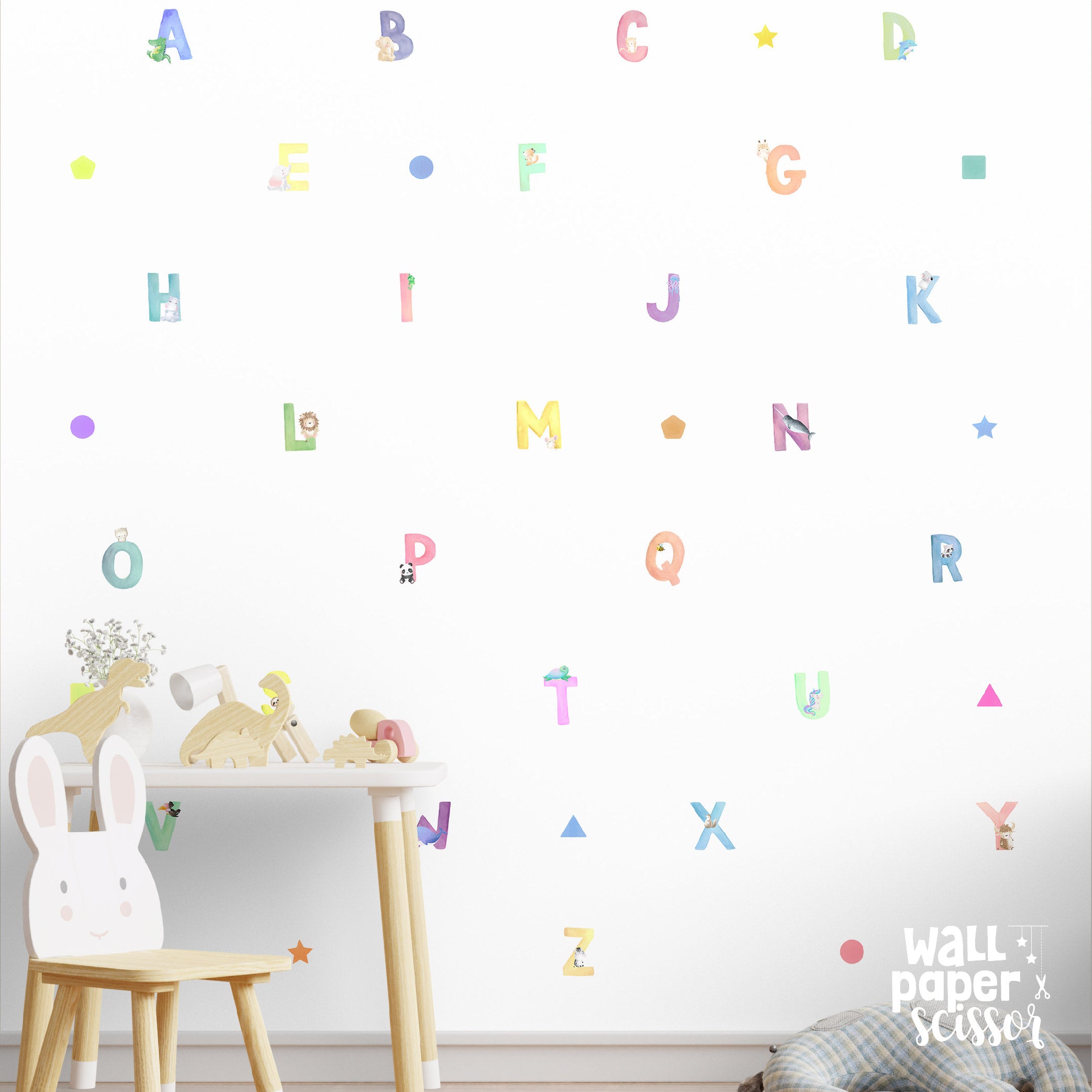 Watercolour Alphabets & Shapes Wall Stickers