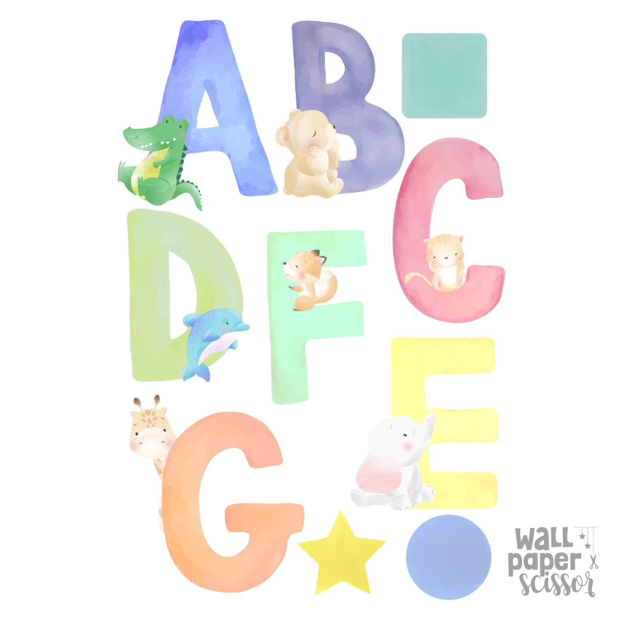 Watercolour Alphabets & Shapes Wall Stickers