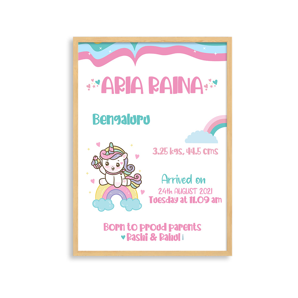 Doodle's Birth Statistics Frame - Unicorn Dreams