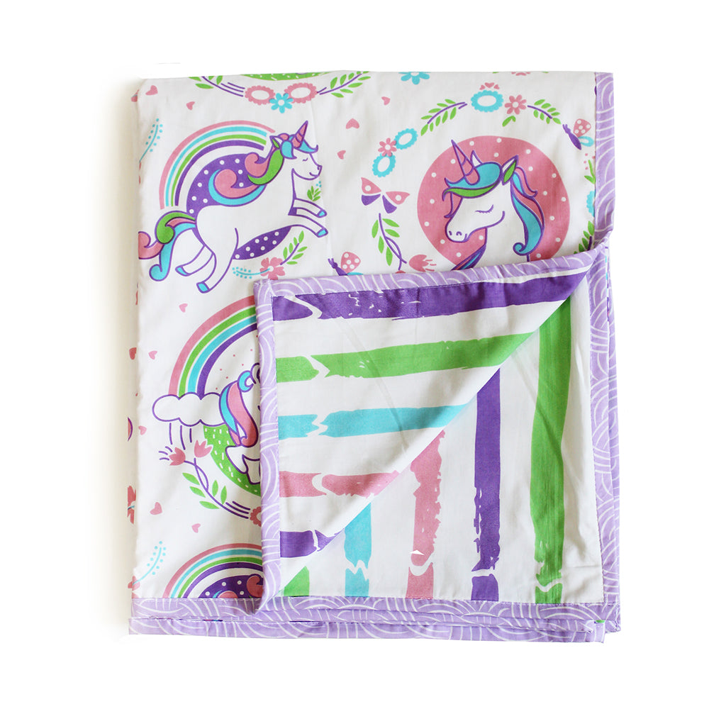 100% Cotton Reversible Single Blanket Dohar - Unicorn & Rainbows