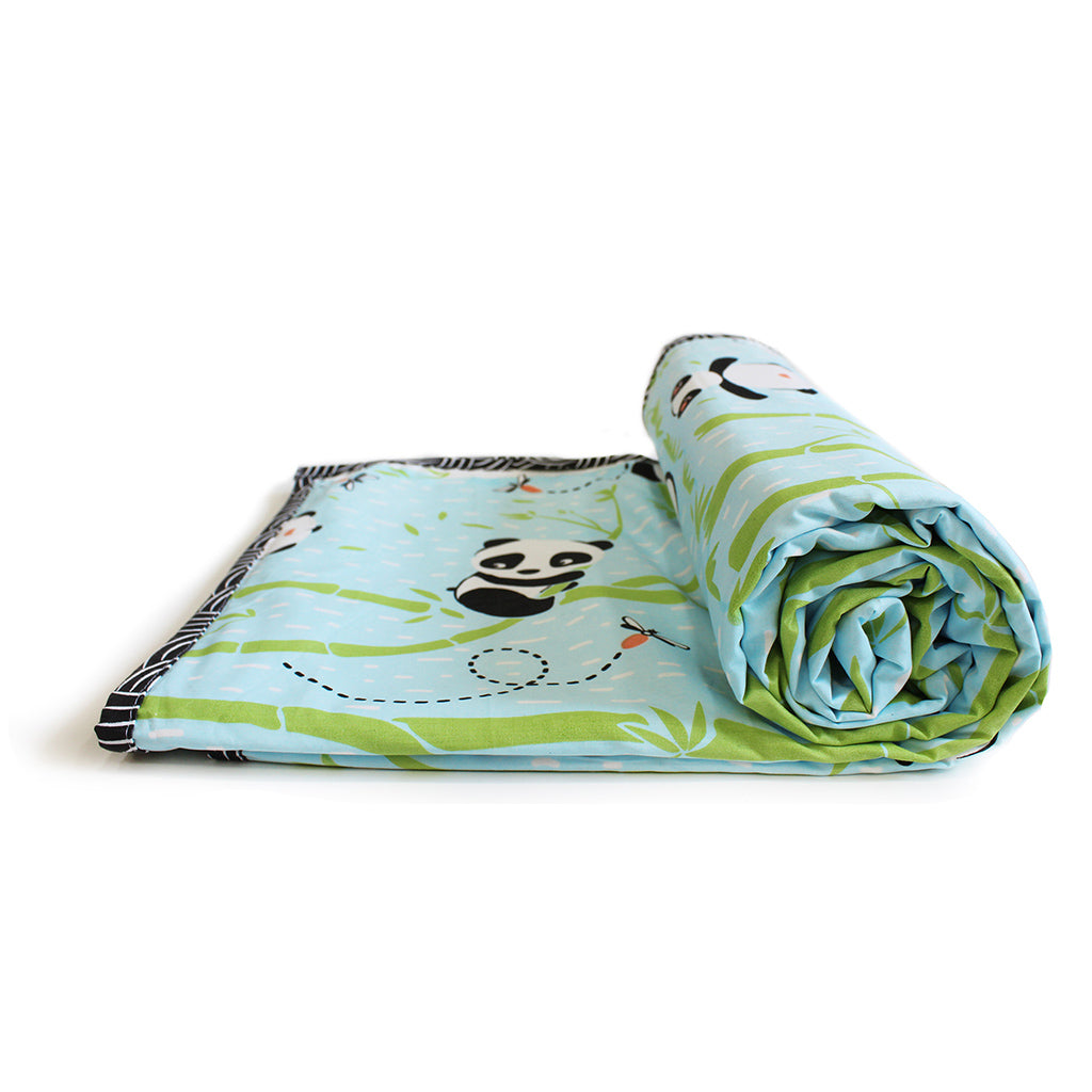 100% Cotton Reversible Single Blanket Dohar - Panda Village, Blue