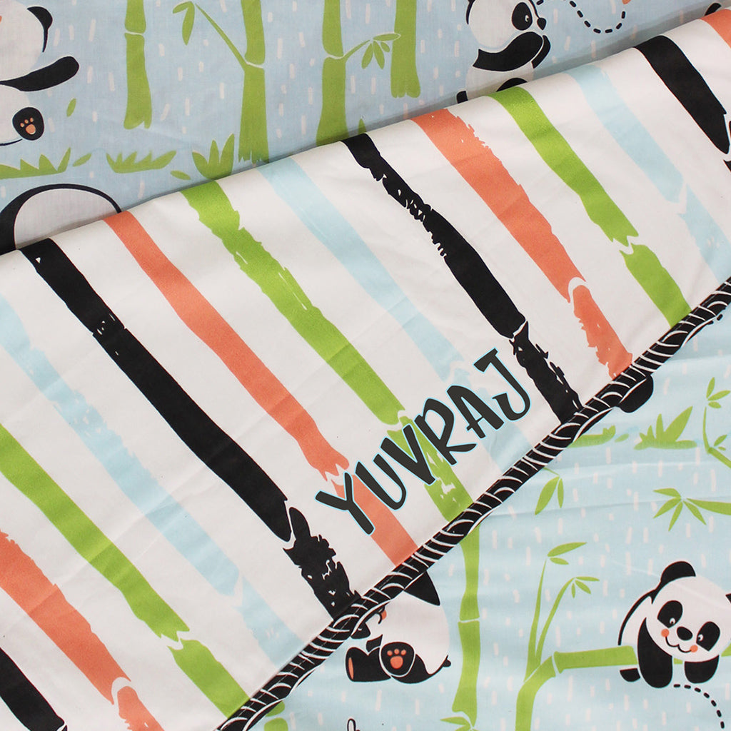 100% Cotton Reversible Single Blanket Dohar - Panda Village, Blue